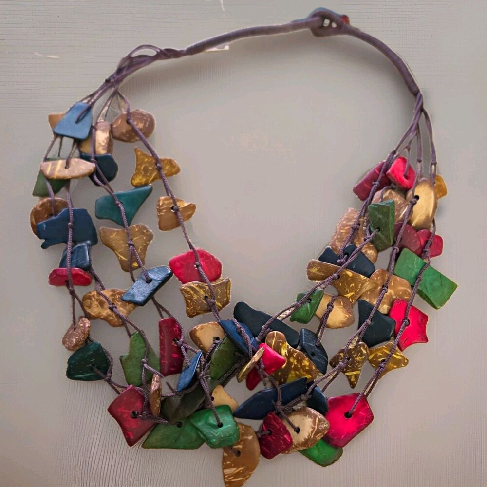 Spirit in the Wood Handmade Multistrand Wood Chip Bead Necklace Purple Cord